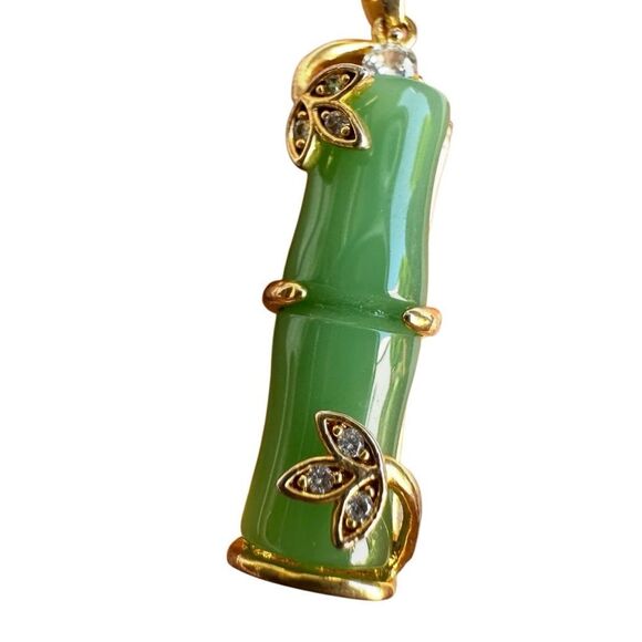 Jade Bamboo   Gold tone Rhinestone Pendant Necklace - Picture 3 of 11